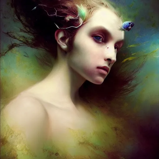 Prompt: dreams of the fae; three-quarters portrait; heterochromia; oil paints; 8k, surrealism, abstract imagery by Aleksi Briclot and Ivan Aivazovsky; blotchy skin, piercing eyes, flowing hair, underwater