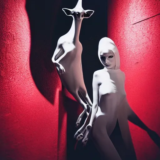 Image similar to fashion photography of an extraterrestrial model, holding a white doberman, wearing demobaza fashion, inside berghain, berlin fashion, harness, futuristic fashion, dark minimal outfit, photo 3 5 mm leica, hyperdetail, berghain, 8 k, very detailed, photo by nick knight