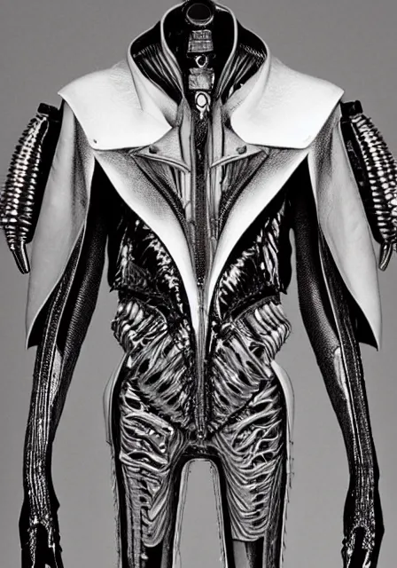 Image similar to designer jacket inspired by h. r. giger designed by alexander mcqueen