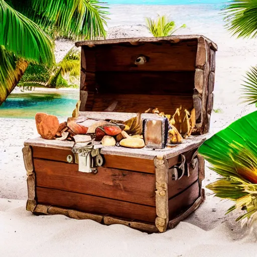 Image similar to a treasure chest on a tropical island, with a palm tree, and crystal clear water, 4 k