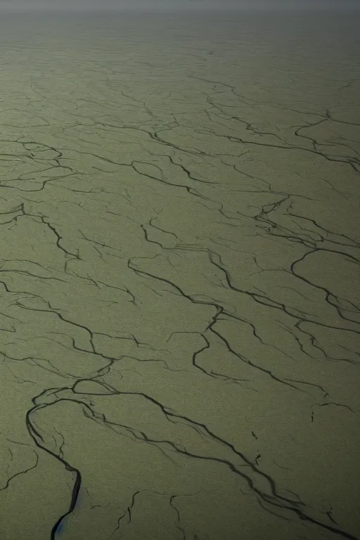 Image similar to cinematic stunning concept art dry river delta aerial view of dense swampland by denis villeneuve and hiroshi yoshida and rothko, full height fluid simulation in houdini, distant mountain range, hyperrealism, moorland, matte painting, trending on artstation, 8 k very hight detail, rendered in octane