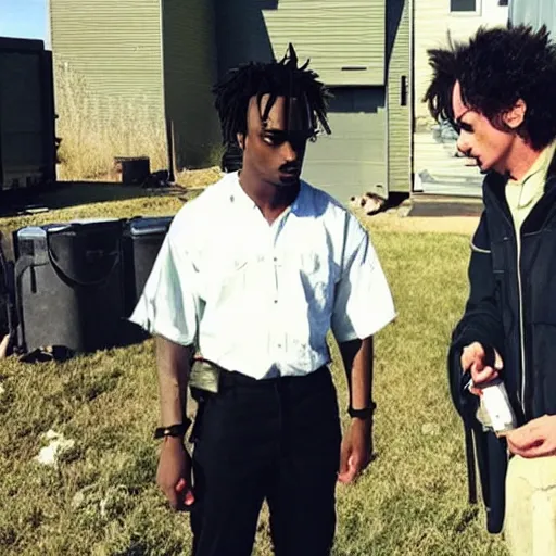 Prompt: “Playboi Carti with Walter white on the set of breaking bad”