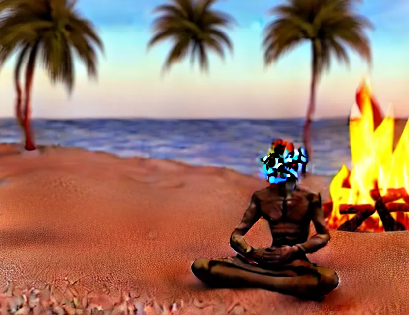 Prompt: gandhi at the beach sitting on the sand next to a campfire with palm trees in the back, 3 d render, official art, promotional art, beautiful intricately detailed, 8 k,