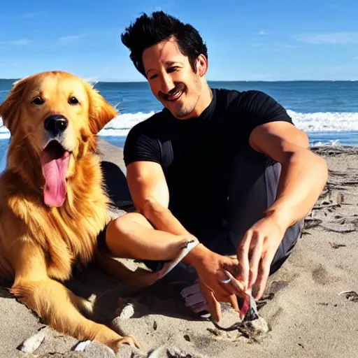 Image similar to markiplier sitting on the beach with a golden retriever. photograph. low angle. high quality.