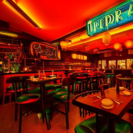 Image similar to photo of retro restaurant, iridescent, mood lighting, 8 k, cinematic