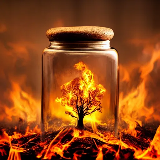 Prompt: glass jar with a burning forest inside, standing on a giant hand, bokeh, dark background, dramatic lighting, hyperrealistic, volumentric lighting, highly detailed, reflections, refractions