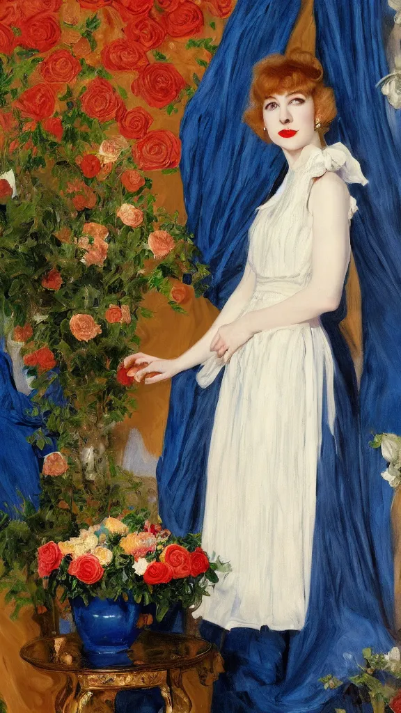 Image similar to portrait of young julee cruise in detailed golden sleeve balloon dress beside a pot of red roses, a persian blue detailed curtain in back painted by john singer sargent