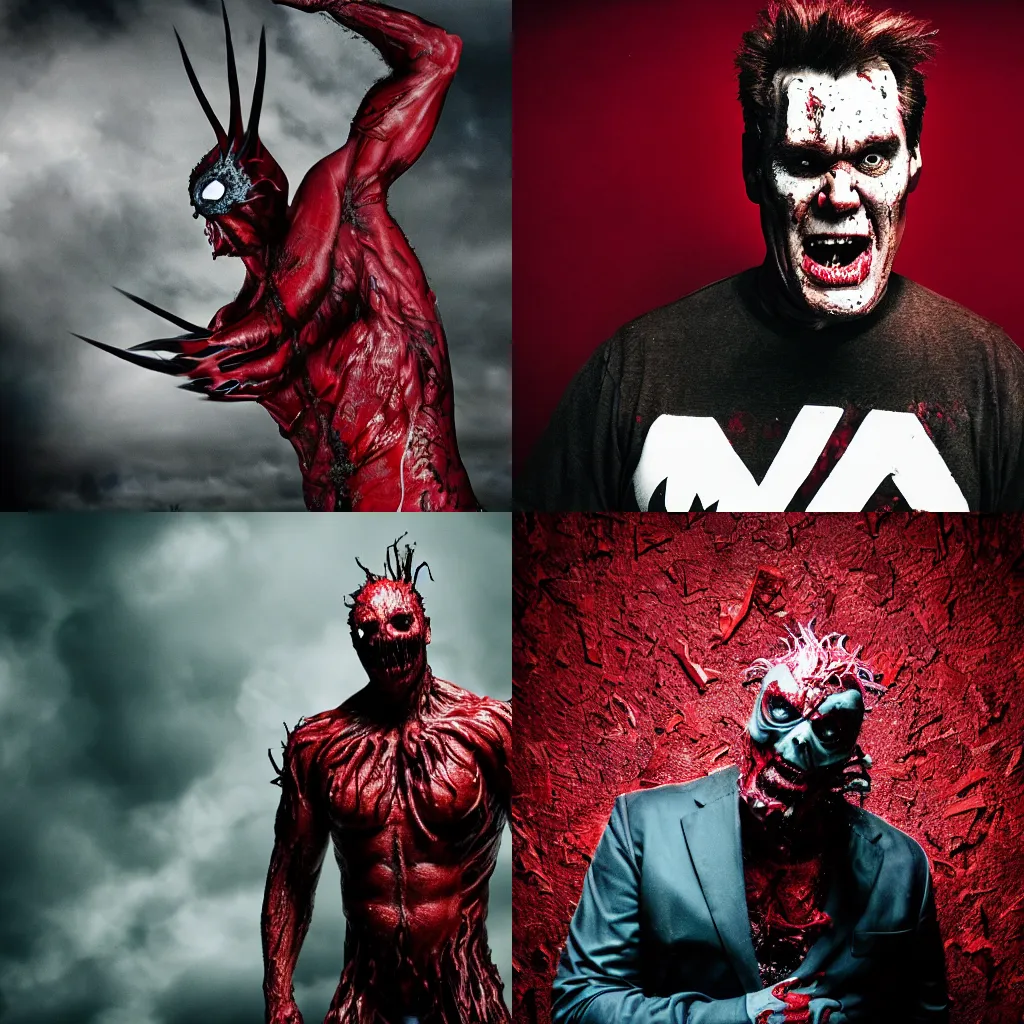 Prompt: Carnage played by Jim Carrey, Marvel, photography, portrait, cinematic,