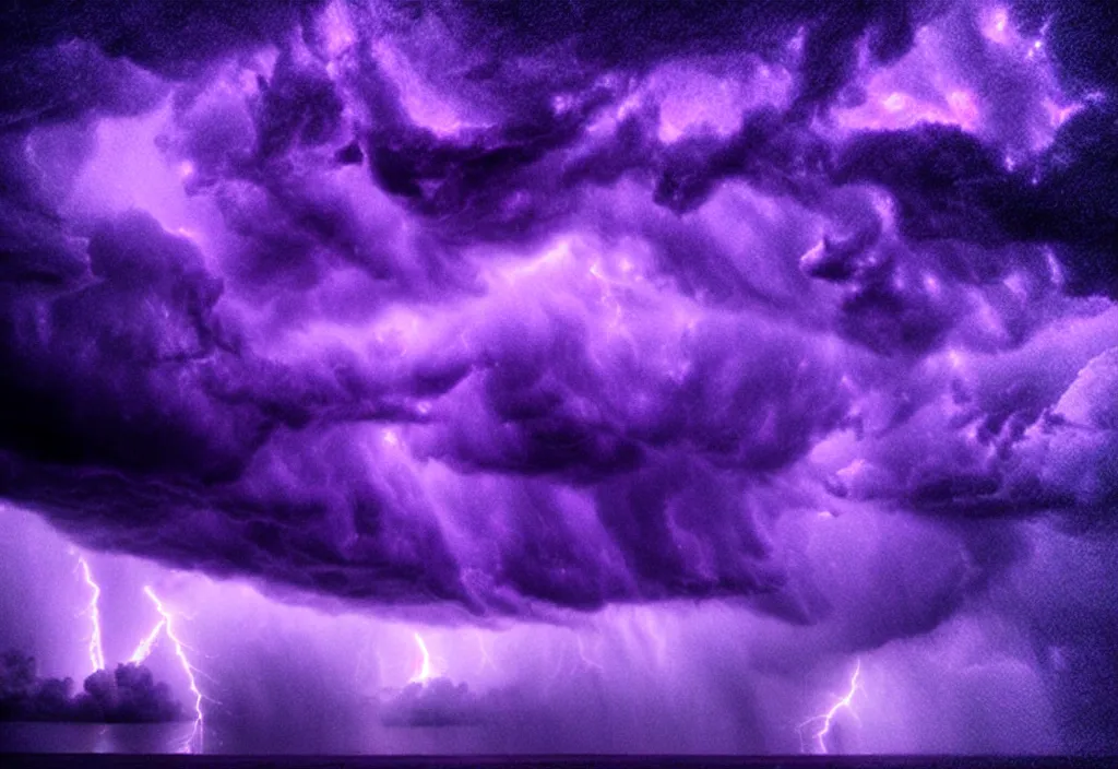 Image similar to purple color lighting storm with stormy sea a pirate ship trippy nebula sky