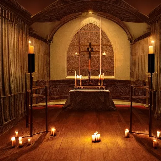 Image similar to realistic photo of an occult art nouveau room interior, old furniture, altar, candles, gloomy volumetric lights