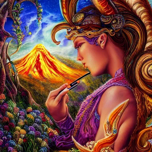 Image similar to josephine wall, horned ram goddess, checking her cell phone, erupting volcano in distance, sunset, flowers in foreground, zodiac, fantasy acrylic on canvas, intricately detailed, highly detailed, high resolution, hdr, 8 k, by senior concept artist, trending on artstation