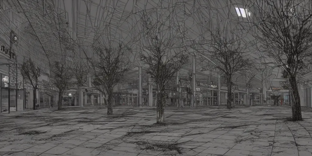 Image similar to abandoned mall at night, some decorative trees in the middle, subtle wear - and - tear, anime!, award - winning digital art