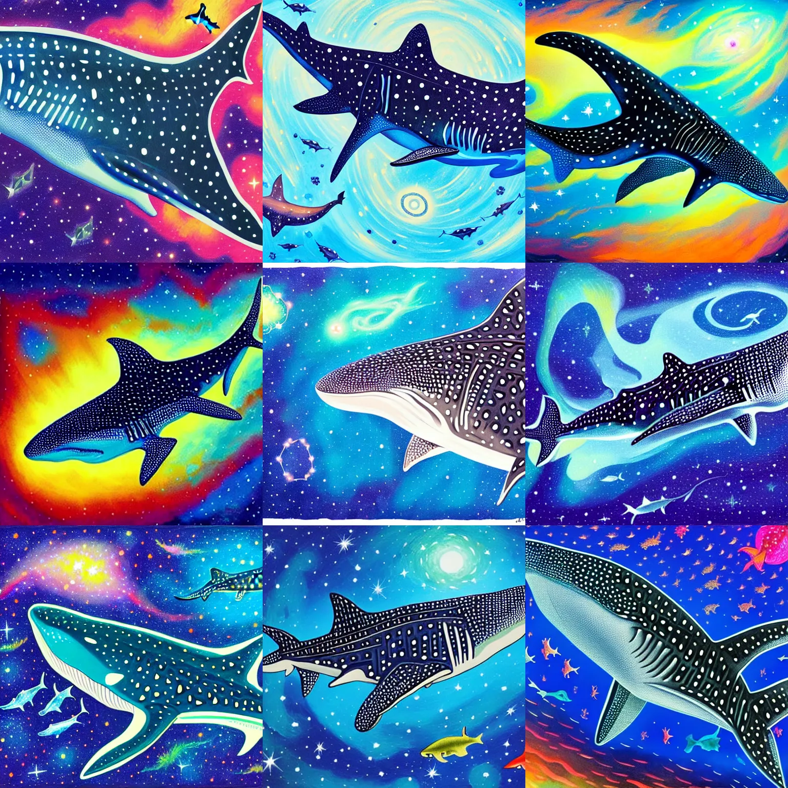 Prompt: finely detailed gouache painting of a whale shark, swirling luminous nebula background, elegant, ultra detailed, gouache illustration of whale - shark foreground, colorful nebula background, sharp focus, magical realism