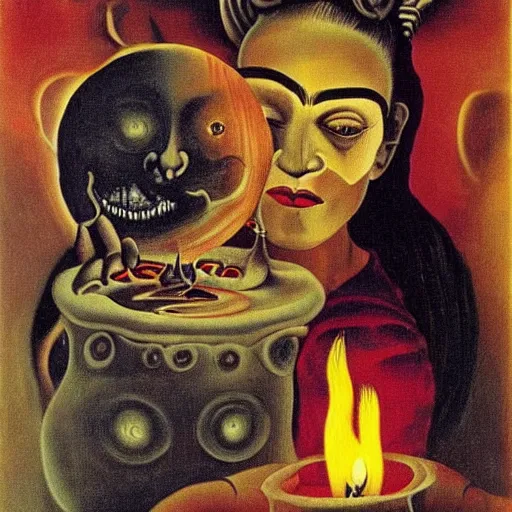 Prompt: witch doctor woman smiling in the flame of a candle, Salvador Dali, surrealism, frida kahlo, moon, stars