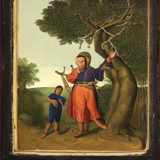 Image similar to Father with crossbow shooting an apple from the head of his son, bound to a tree