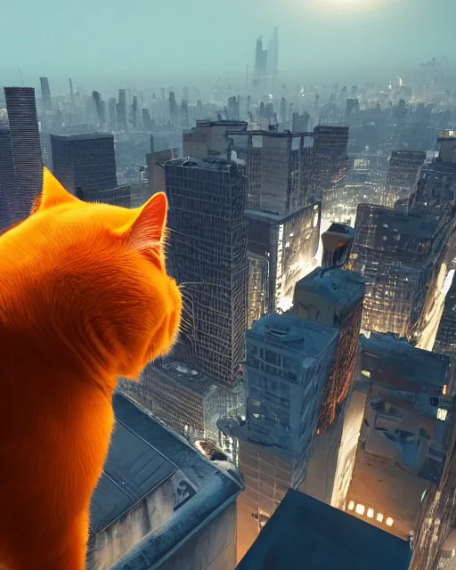 Prompt: a fat orange cat on a night rooftop scene, close up shot of a photorealistic gangster wearing a trench coat looking at the city below, unreal engine, hyper realism