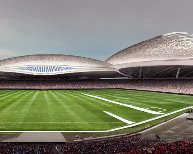 Prompt: a stadium designed collaboratively by zaha hadid and frank lloyd wright