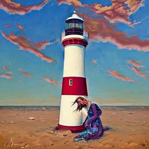 Image similar to beautiful lonely lighthouse, hyper realistic, colorful patterns, subtle shadows, art by tim okamura and oksana dobrovolska