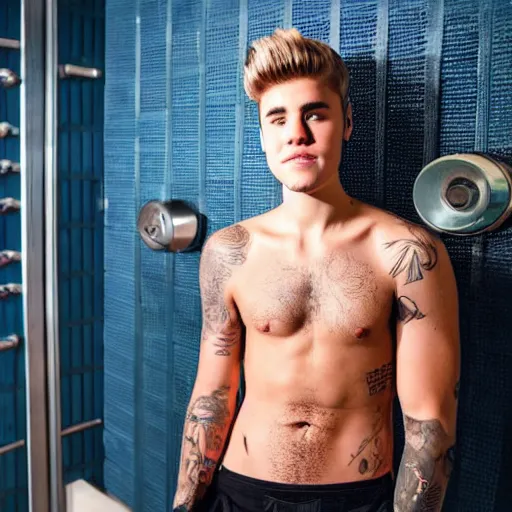 Image similar to high-resolution photograph of Justin Bieber in a sauna with dark hairy chest