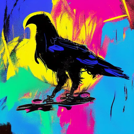 Image similar to illustration of cyberpunk raven, colorful splatters, by andy warhol and by zac retz and by kezie demessance