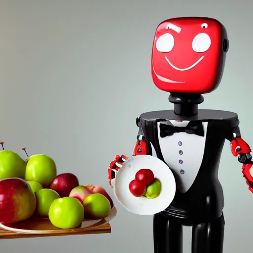 Image similar to a robot butler holding a plate with an apple on it.