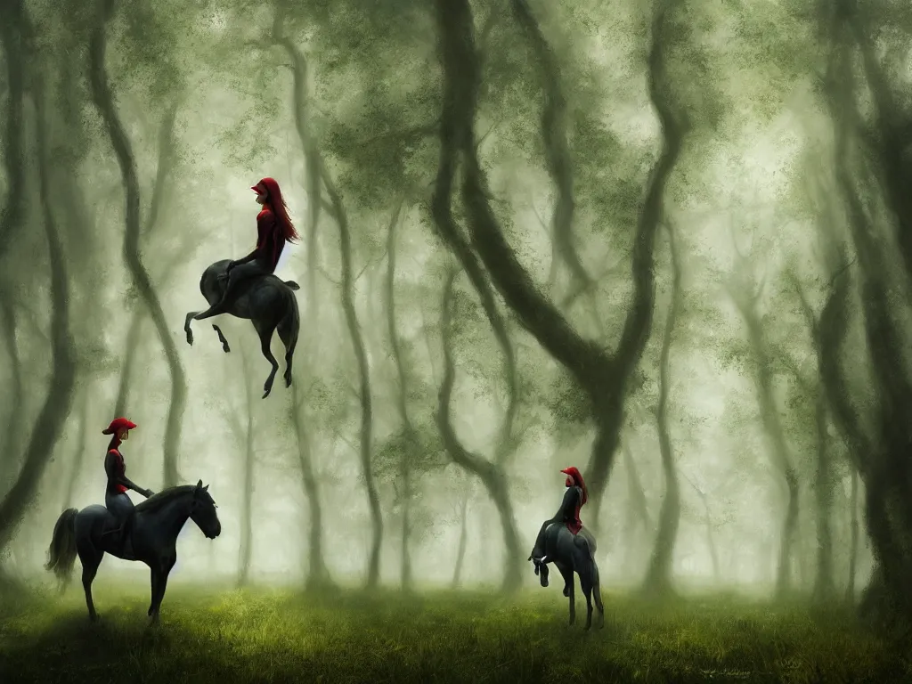 Image similar to serene green oak and beech forest, mysterious female beauty on a horse wearing a red cap slowly rides through the forest, rays of life, cinematic, fantasy art, moody evening light, foggy, trending on artstation, by esao andrews, by naoto hatori, by tyler jacobson