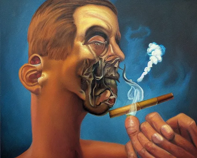 Image similar to a surreal painting of man smoking a joint