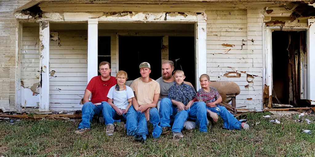 Image similar to photo of white redneck family sitting on front porch of dilapidated house, mid shot portrait, kodak gold 2 0 0,