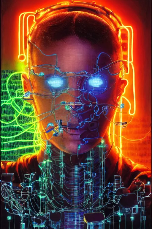 Image similar to stunning highly detailed portrait of a neuromancer hacker with cyber headgear surrounded by wires, neon colors, oil on canvas, strong lighting, by Greg Staples, by Glenn Fabry, by Josan Gonzalez, HD, 4K