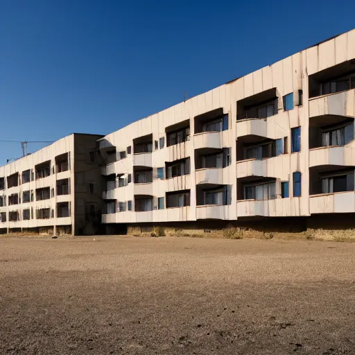 Image similar to A post-soviet average Polish residential block standing alone in the middle of an empty desert, sunny weather