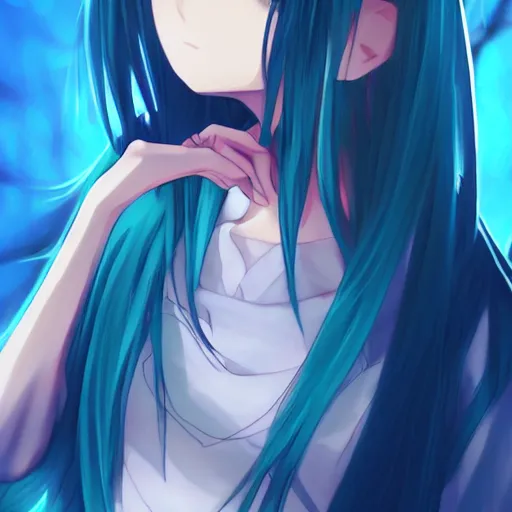 Image similar to an anime girl with blue hair, trending on pixiv, detailed, anime, pastel colors, dramatic lighting, by kawacy