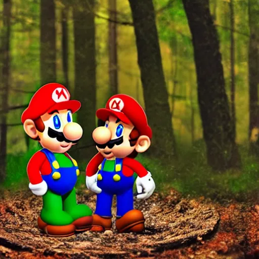 Image similar to mario and luigi eating mushrooms in the forest, photo captured on polarioid