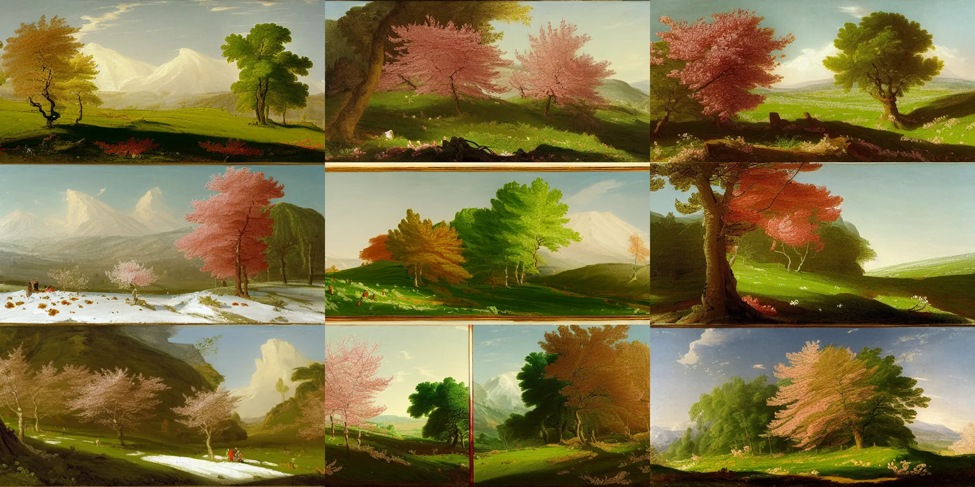 Prompt: a single painting of four trees, one tree with blooming cherry blossoms in the spring in a lush green meadow, one tree with green leaves in the summer in lush green meadow, one tree red leaves in the autumn with leaves covered meadow, and one tree covered in snow in the winter with snow covered plains, by thomas cole