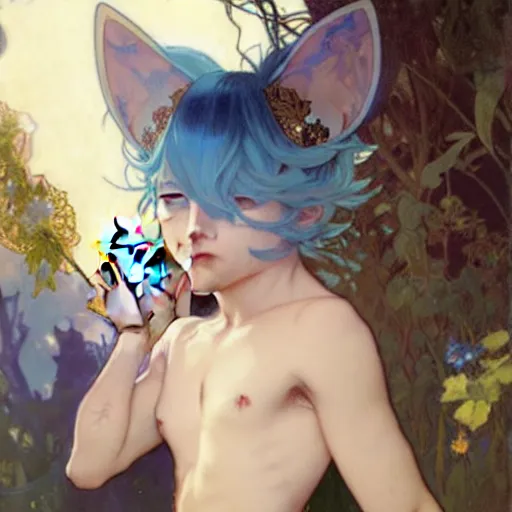 Image similar to Portrait of a pretty fantasy catboy with blue hair and cute small cat ears. Art by Greg Rutkowski and Alphonse Mucha