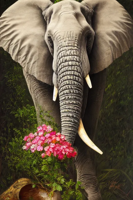 Image similar to elephant holding flowers in its trunk, oil on canvas, intricate, portrait, 8 k highly professionally detailed, hdr, cgsociety