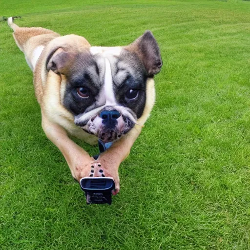 Prompt: fat dog eating grass trail cam