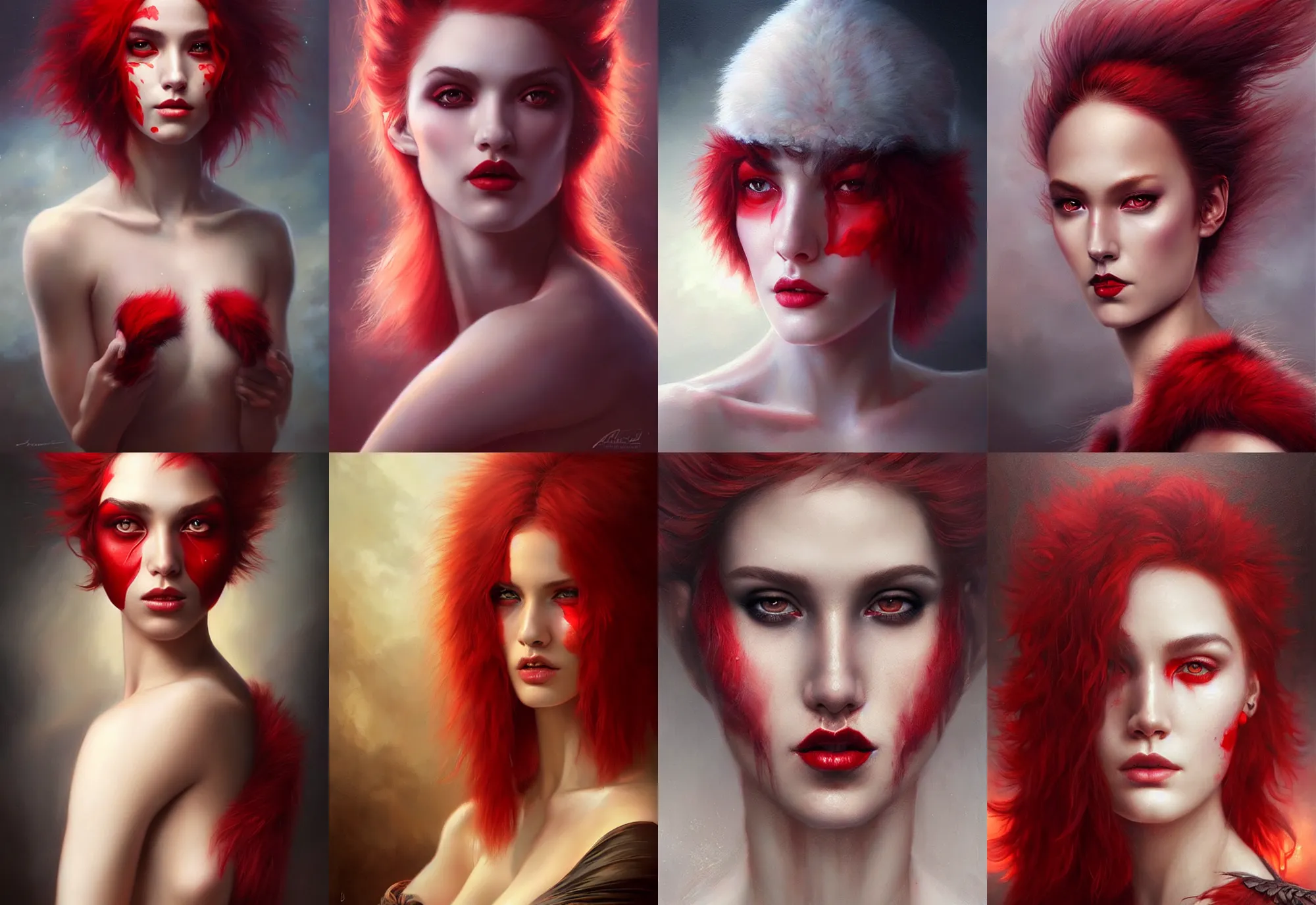 Prompt: a beautiful woman with red fur on her face, painted by artgerm and tom bagshaw, fantasy art, dramatic lighting, highly detailed oil painting