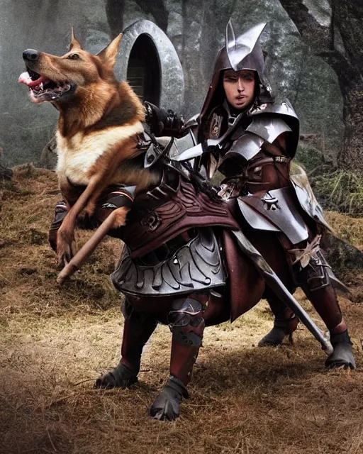 Prompt: photos of dark elves riding armored corgi dogs into battle, photorealistic, cinematic, in the style of peter jackson