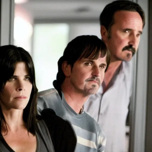 Prompt: high quality movie still of skinny actress Neve Campbell, actor David Arquette and actress Courteney Cox in Scream 5 (2013)