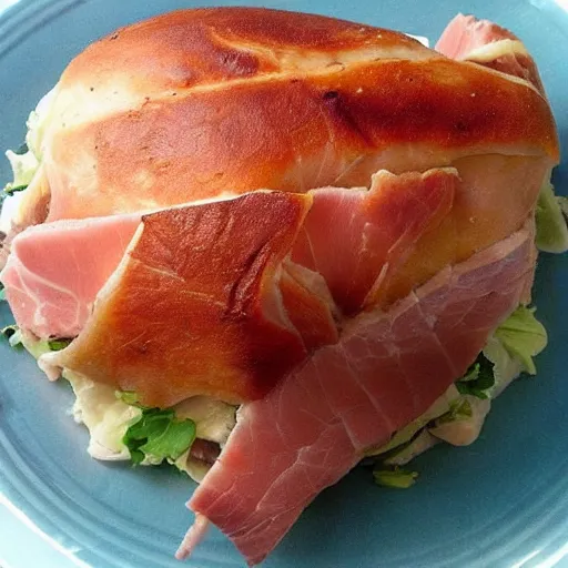 Prompt: “ham food ham food ham on a plate flexing its gigantic muscles, muscles, muscles muscles muscles muscles”