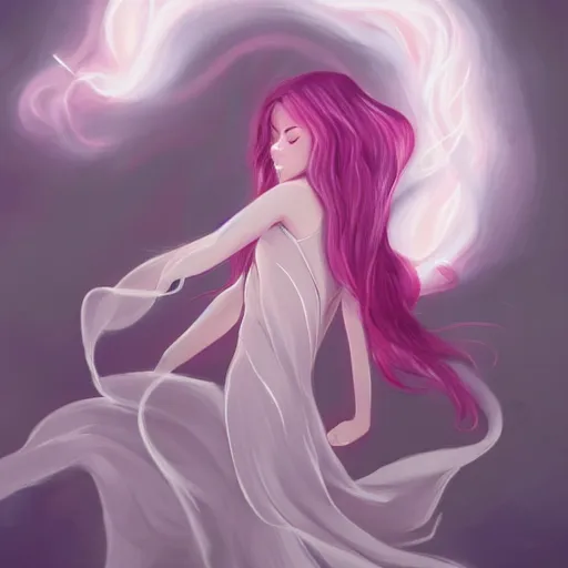 Prompt: dynamic poses, anime face, joyful, epic, flowing dress, smooth, enigmatic, woman, pink and grey clouds, glowing flowing hair, by lois van baarle, by loish, sharp, trending on artstatio, 4 k