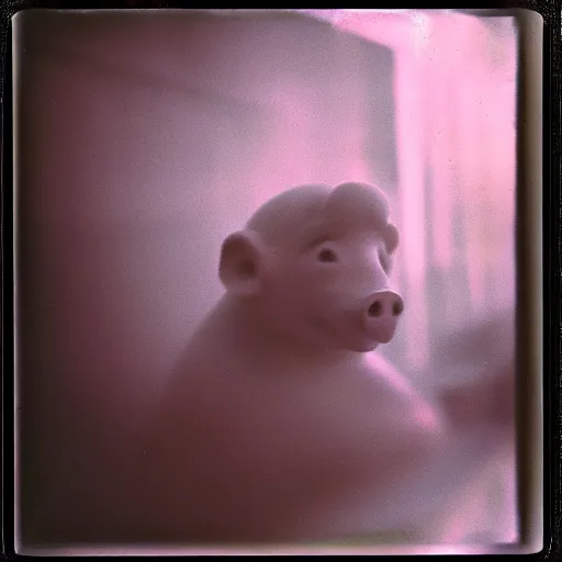 Prompt: ghostly human pig chimera, megalophobia, expired film, old polaroid,