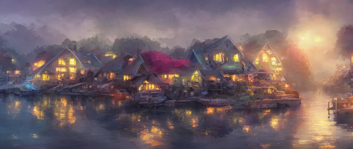 Prompt: fishing village crowded with houses around a lake, concept art, digital painting, style of jordan grimmer, warm lighting, futuristic, volumetric lighting, view from below, vivid colours, bright, daytime, godrays, high detail