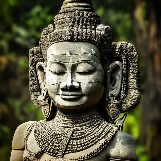 Image similar to angkor thon, yaksha, photorealistic giant photography hight quality, sharp, stones, award winning photography, canon, thierry rouzier