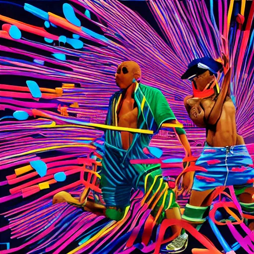 Image similar to of two rappers on stage as a concert, bodies made of colorful elastic bands, very detailed, in the style of anime art, album cover art, trending on art station,