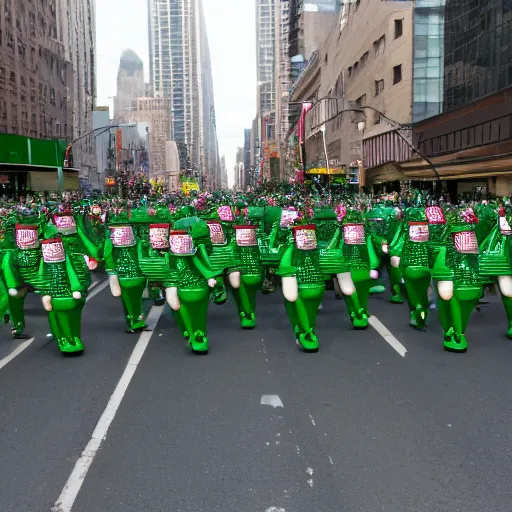 Image similar to a parade of stuffed pickle ricks marching down 5 th ave manhattan on st. patrick's day, 8 k, photo realistic, extremely life like