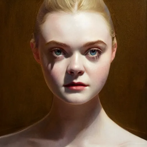 Prompt: Elle Fanning in the style of Paola Vetri, head and shoulders portrait, stormy weather, extremely detailed masterpiece, oil on canvas, low-key neon lighting, artstation, Blade Runner 2049, Roger Deakin’s cinematography, by J. C. Leyendecker and Peter Paul Rubens and Edward Hopper and Michael Sowa,