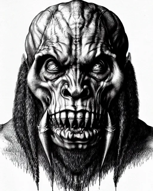 Image similar to orc, hyper realism, fine details, deviantart artstation, extremely detailed, black and white, very sharp, in the style of albrecht durer, etching,