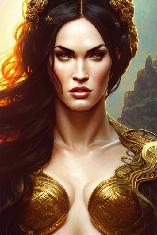 Image similar to portrait of megan fox as the goddess circe, greek mythology, intricate, headshot, highly detailed, digital painting, artstation, concept art, sharp focus, cinematic lighting, illustration, art by artgerm and greg rutkowski, alphonse mucha, cgsociety