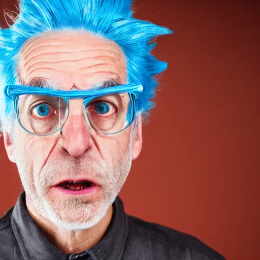 Image similar to portrait photo still of real life rick sanchez from rick and morty, blue hair, wild eyes, scientist outfit, 8 k, 8 5 mm f 1. 8